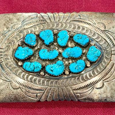 Vintage Sterling Silver Turquoise Cluster Belt Buckle – Hand-Stamped Western Design (3” x 2”)