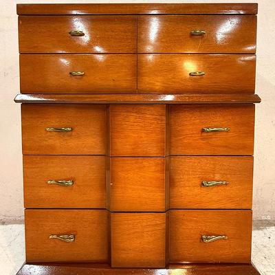 Vintage Mid-Century Wooden Chest of Drawers / Tallboy Dresser with Brass Handles