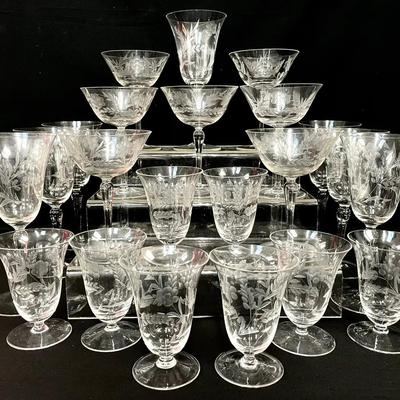 Vintage Set of 22 Etched Crystal Glasses by Colony – Floral & Foliage Pattern