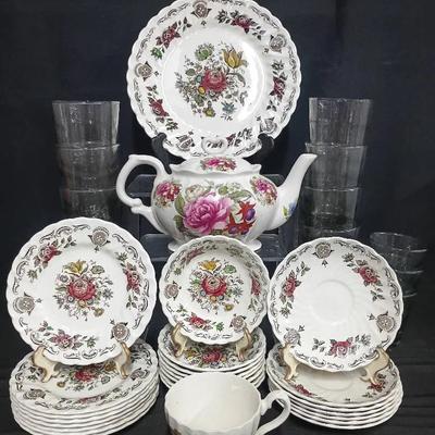 Myotts “Bouquet” Staffordshire Dinnerware Set w/ Floral Teapot & Tinted Glassware