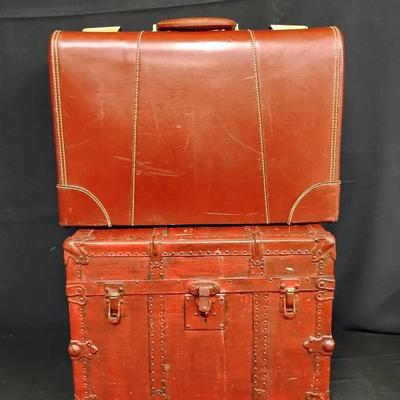Vintage Travel Duo: Leather Suitcase & Antique Steamer Trunk