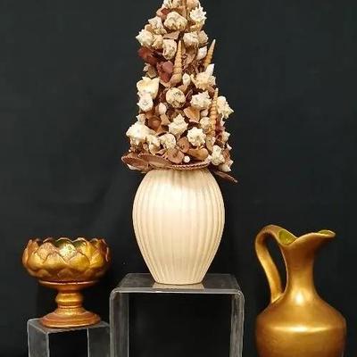 Shell Tree- Gold-Tone Pitcher- Gold-Tone Pedastal Bowl