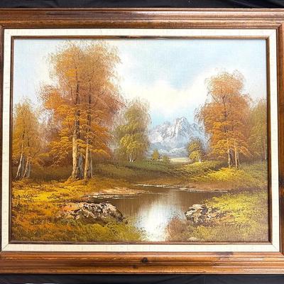 2 Framed Mountain Landscape Oil Paintings with Autumn Trees & Lake Scene 