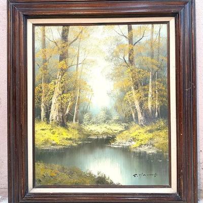 Signed Vintage Framed Landscape Oil Painting – Forest & Stream Scene, Signed, Made in Mexico
