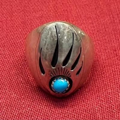 Sterling Silver Bear Claw Turquoise Ring – Sleeping Beauty-Type Turquoise – Signed R – Size 10.75