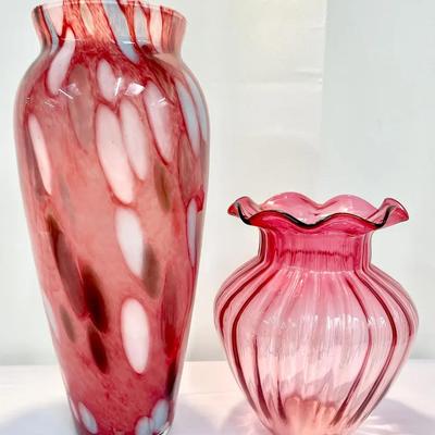 3-pc Piece Vintage Art Glass Set–Italian Confetti Vase; Cranberry Ribbed Vase; Blue Hobnail Basket