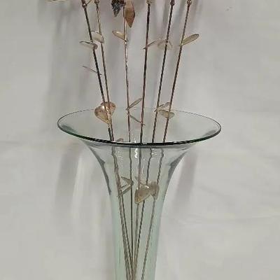 14"Pale Green  Funnel Vase w Mid- Century Metal.flowers
