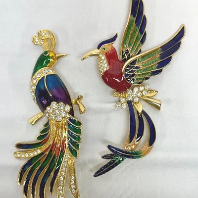 Vintage Enamel Rhinestone Bird Pins Lot – Large Statement Brooches (2)