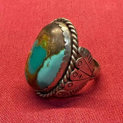 Large Natural Matrix Turquoise Sterling Silver Ring – Signed JS – Southwestern Style – Size 10.75