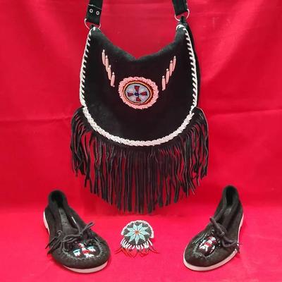 Handmade Style Black Suede Beaded Set - Fringe Purse, Shoes, & Medicine Wheel Pin