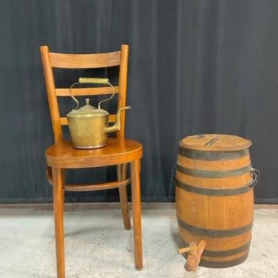 Vintage Whiskey Barrel, Brass Moroccan Kettle, & Bentwood Chair 