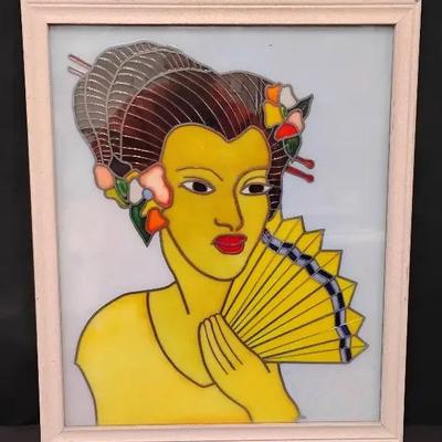 Vintage Stained Glass Style Geisha Framed Art