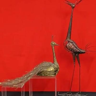  Large Metal  Peacock and Crane Sculptures