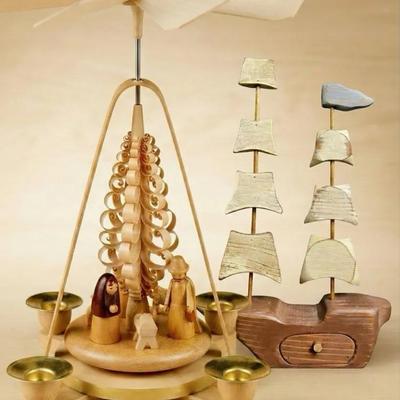 Wooden Hand Carved Sailboat & German Wooden Christmas Pyramid 