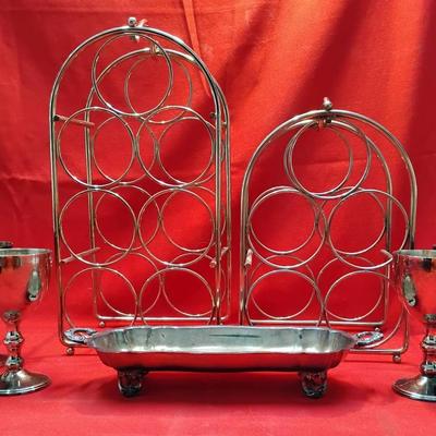 Vintage Silver Tone Wine & Barware Set - 9 Pieces - Racks, Goblets, & Tray