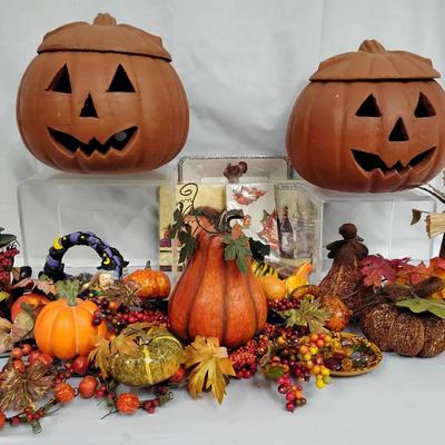 Huge Fall & Halloween Decor Lot - Terra Cotta Pumpkins, Gourds & Foliage