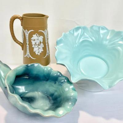 Vintage Pottery - 19th C. English Pitcher, Frankoma Cornucopia Planter, & Aqua Console Bowl