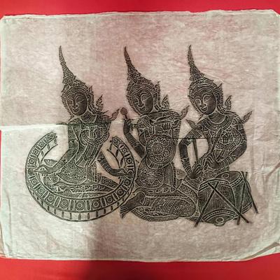 Vintage Thai Temple Rubbing on Rice Paper – Triple Celestial Musicians Scene