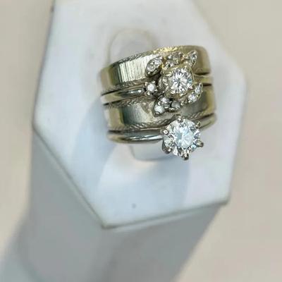 Vintage 14K Gold Fused Wedding & Engagement Ring - Diamond Solitaire & Cluster Size 5.5 (9.92 g)
