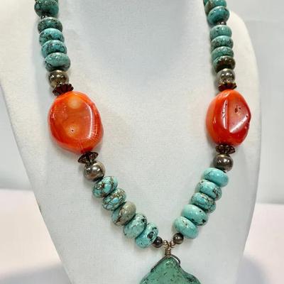 UPDATED Navajo Chunky Coral, Turquoise And Sterling Beaded Necklace by Charlene Li