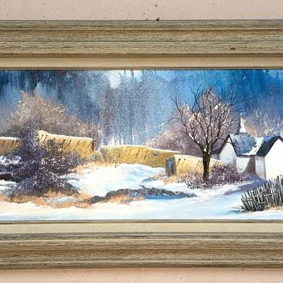 Jan Schneiders Framed Panoramic Winter Village Landscape Painting on Canvas– Rustic Southwest Style