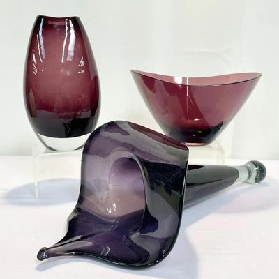 Set of 3 Amethyst Art Glass Pieces – MCM Vase, WMF Bowl, Jack-in-the-Pulpit Flower Form