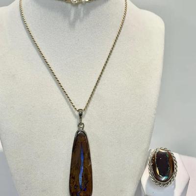 Sterling And Opal Pendant Necklace With Oval Pietersite Sterling Ring Size 6