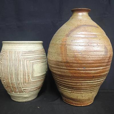 Studio Pottery Vase Pair with Earth-Tone Glazes and Incised Decoration