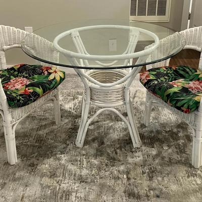 Wicker Glass Top Table and 2 Chairs