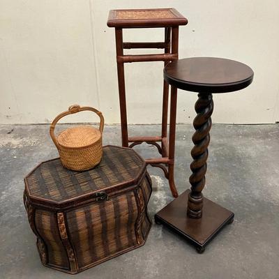 Woven Chinese Wedding Basket, Storage Box, and Rattan and Bombay Company Plant Stands