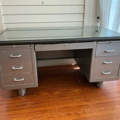 MCM Metal Tanker Desk With Glass Overlay