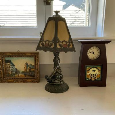 Vintage Oil Painting, Schlabaugh & Sons Clock And Antique Lamp