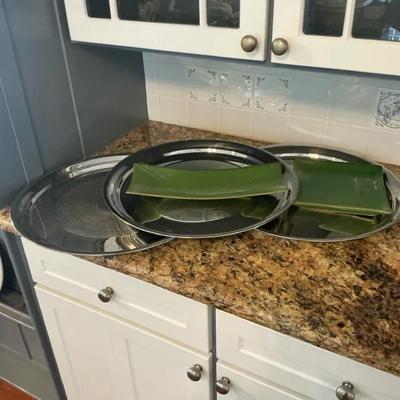 18 Inch Silver Platers And Green Serving Dishes 
