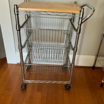 3 Tier Metal Basket Rolling Cart With Wood Top