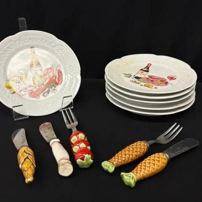 Vintage Berry Haute Porcelaine Creation L. Lourioux Plates W/ Cheese Forks + Knives #1