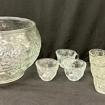 Vintage Indiana Pressed Glass Punchbowl “Celebration Rose” With Matching Cups (3)- Plus Other (6)