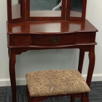 Single Drawer Vanity with Cherry Finish and Upholstered Stool