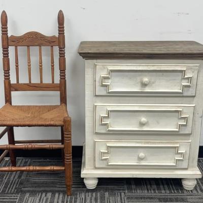 Distressed Wood 3-Drawer Nightstand with Woven Rush Chair