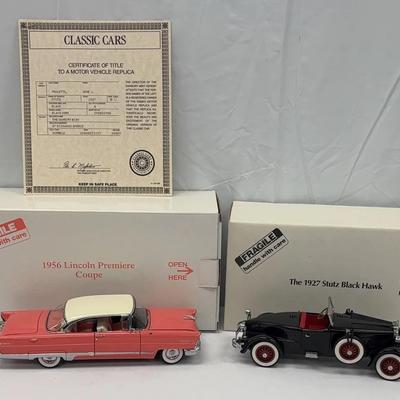 Danbury Mint 1:24 Classic Model Cars #6 - 1927 Stutz Bkack Hawk and 1956 Lincoln Premiere Coupe