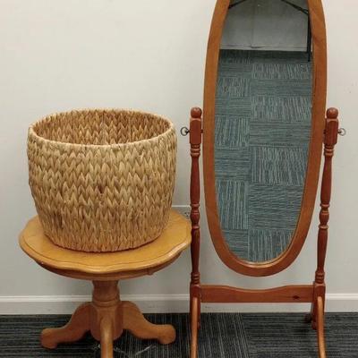 Oak Dressing Mirror and Accent Table with Basket