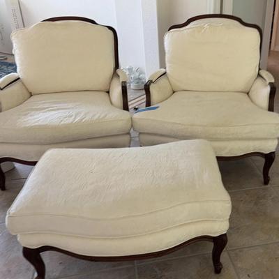 Two Cream And Wood Antique Chairs With Ottoman