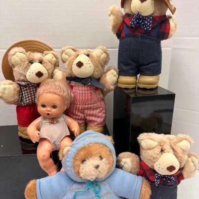 Vintage Dressed “Furskins” Teddy Bears and “Ideal” Sleepy Eye Baby Doll 