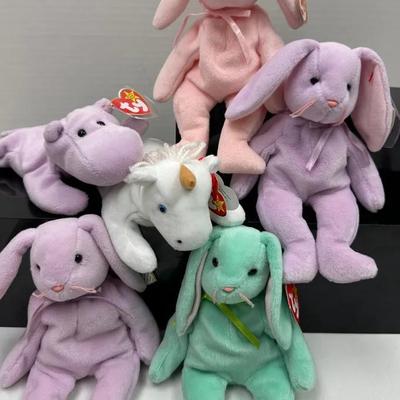 “TY Beanie Baby” Pastel Plush, Bunnies, Unicorn and Hippo 