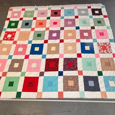 Vintage Hand-Pieced Square-in-Square Patchwork Quilt 