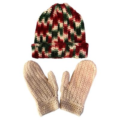 Vintage Hand-Crocheted Winter Hat & Mittens Set