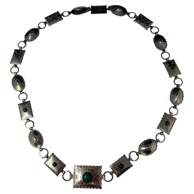 Silver-Tone Link Necklace with Green Stone