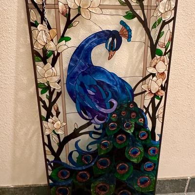 Stained Glass Peacock Panel with Floral Motif, Hanging Wall Art