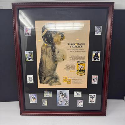 Framed Vintage Friskies Dog Food Advertisement with International Schnauzer Stamps