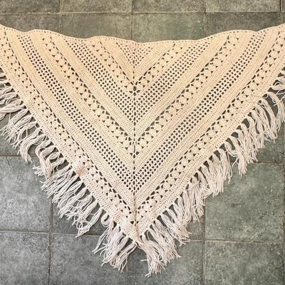 Vintage Hand-Crocheted Cream Lace Fringe Shawl