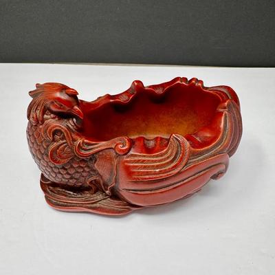 Carved Chinese Phoenix Bowl in Red Resin
